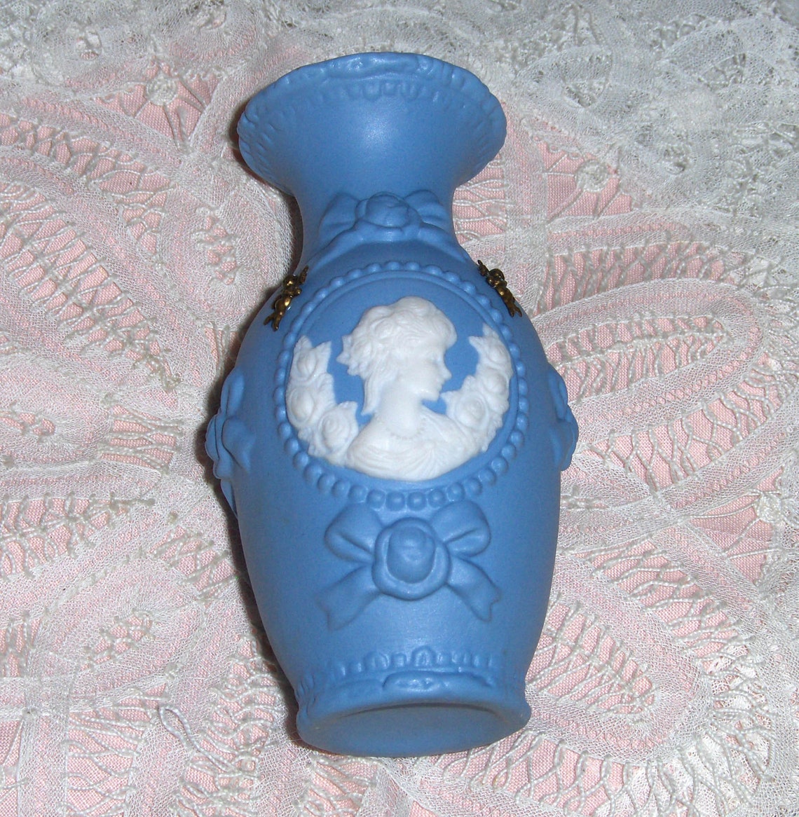 Wedgwood Style Blue Porcelain Bisque Flower Vase Vtg White Cameo