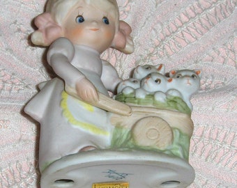 Homco Figurine Porcelain Bisque Little Girl And Kittens In Wheel Barrow Vintage Figurine 1402