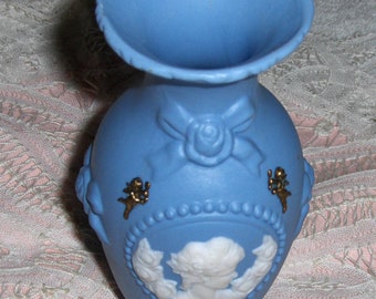 Wedgwood Style Blue Porcelain Bisque Flower Vase Vtg White Cameo Victorian Lady & Roses Angel Vase