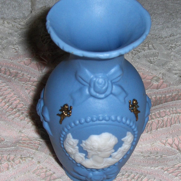 Wedgwood Style Blue Porcelain Bisque Flower Vase Vtg White Cameo Victorian Lady & Roses Angel Vase