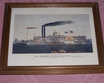 Vintage Framed Reprint Mayflower Steamboat Capt Joseph Browne Lith N Currier Hanging