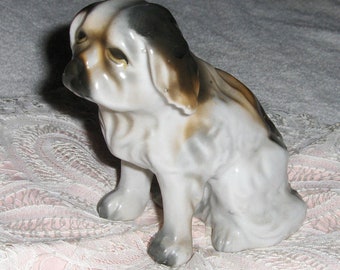 Vintage Porcelain Dog Figurine Shih Tzu? Brown White Puppy Sad Eyes Droopy Face