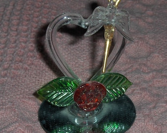 Vintage Miniature Glass Hummingbird Figurine Feeding On Red Rose Over Mirror Base Small Bird And Rose Flower
