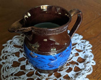 Vintage Cobalt Blue Creamer Porcelain Enamel Gold Small Blue Pitcher Figurine