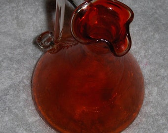 Amberina Orange Crackle Glass Pitcher Vintage Ruffled Rim Amber Small Creamer Collectible Flower Vase