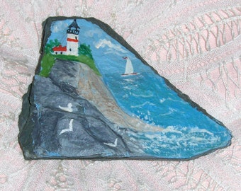 Vintage Hand Painted Lighthouse On Slate Nautical Cliff Ocean Sea Bird Scene Signed