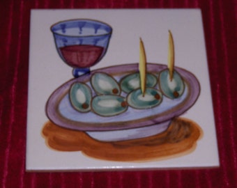 Vtg Spanish Trivet Ceramic Art Pottery Painted Tile Spain Red Wine Olives Trivet Hot Plate No. 3