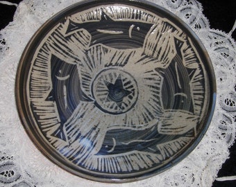 Vintage Art Pottery Dish Folk Art Bowl Painted Fish On Stoneware Bowl Blue Gray Plate