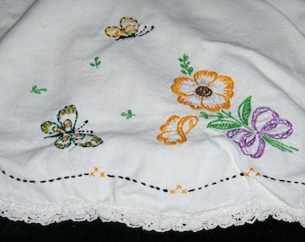 VINTAGE Floral Embroidered Antique Table Runner Cotton Linen Fabric Flowers Butterfly Doily Table Cloth