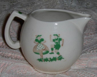 Vintage Czechoslovakia Ceramic Creamer Emerald Green Folk Art Dancers Czech Pitcher