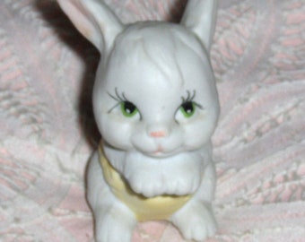 Vintage Miniature Porcelain Bisque White Bunny Figurine Pink Ears Green Eyed Rabbit