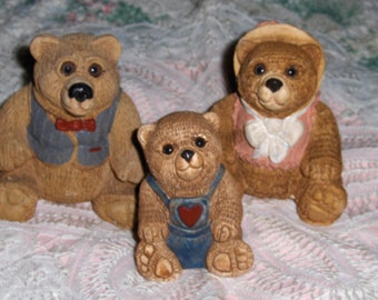 Figuras vintage de la familia de osos Stone Critters, 1984, United Design, mamá, papá y bebé oso, EE. UU.