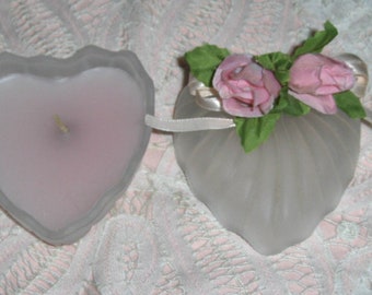 Vintage Pastel Pink Heart Shaped Art Glass Candle And Holder Valentine's Day Roses