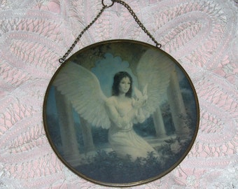 Vintage Angel Holding Dove Glass Sun Catcher Glass Angel Bird Wall Hanger Suncatcher Mobile Hanger