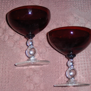 Vintage Two Ruby Red Fluted Dessert Glasses Wine Sherbet Bar Ware Clear Stem Cocktail Glasses