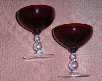 Vintage Two Ruby Red Fluted Dessert Glasses Wine Sherbet Bar Ware Clear Stem Cocktail Glasses