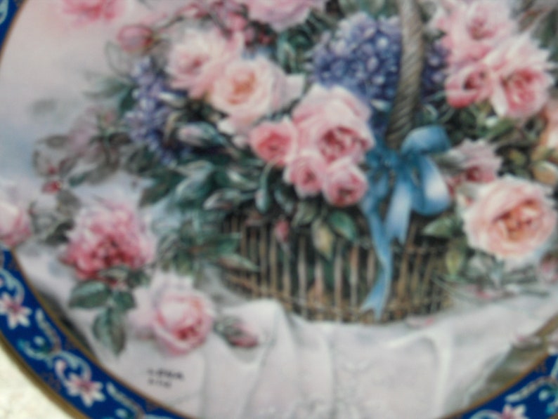 Vintage Lena Liu Pink Roses Basket Bouquet Plate 1st Issue Original Box Papers Floral Dish 1992