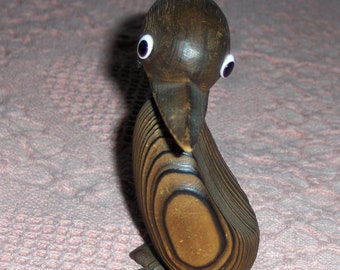Vintage Wooden Folk Art Bird Figurine Long Beak Brown Bird Puffin Long Beak Web Feet