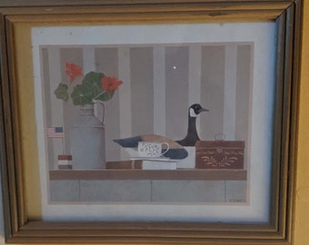 Vintage Framed Primitive Goose Duck R Davey Wall Hanging Folk Art Cozy Room Framed Paper Print
