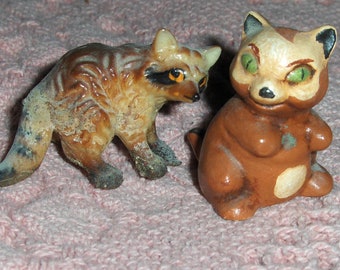 Vintage Miniature Ceramic Critter Figurines Orange Eyes Raccoon Green Eyes Chipmunk