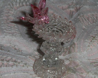 Vintage Miniature Pink Bird Sitting On Bird Bath Acrylic Bathing Bird And Birdbath Figurine
