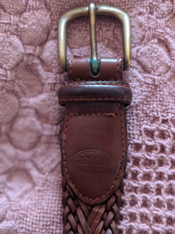 Vintage Fossil Leather Belt Men Brown Woven Leather Brass  display picture 3