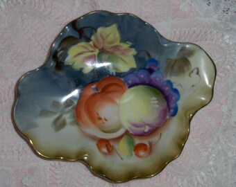 Vintage Lefton Candy Dish Colorful Hand Painted Colorful Fruit Gold Rim Ruffled Edge