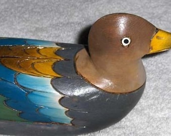 Vintage Primitive Wooden Duck Figurine Art Deco Duck Decoy Colorful Painted Bird