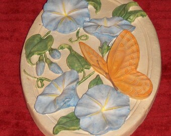 Vintage Butterfly Plaque Blue Morning Glory Flowers 3 Dimensional Embossed Art Pottery Wall Hanging