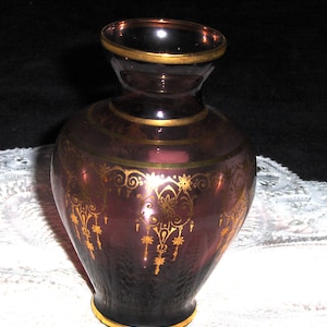 Vintage Amethyst Art Glass Vase Gold Accents Purple Flower Vase Murano? Gold Trim