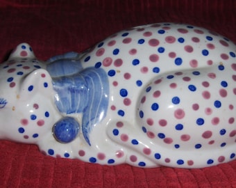 Vintage Ceramic Sleeping Cat Figurine Large Polka Dotted Kitty Cat Marked Fabrique En Chine Statue