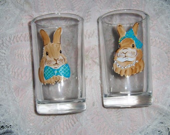 Vintage Two Rabbit Beverage Glasses Mr. & Mrs. Easter Bunny Rabbit Hare Folk Art Glasses