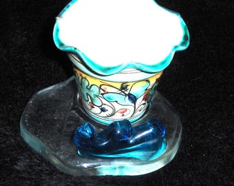 Vintage Italian Vase Floral Bird Folk Art Small Trinket Dish Italy Tealight Candle Holder Nautical Placement Plate