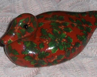 Vintage Enesco Designed Giftware Decoupage Style Duck Figurine Christmas Holly Bird
