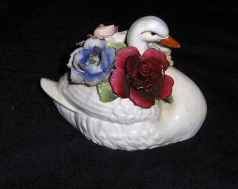 Radner England Porcelain Swan Figurine Vintage Floral Bouquet Planter Swan Bird Paperweight
