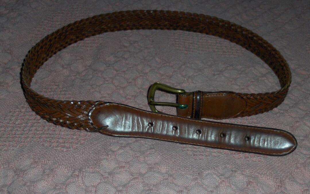 Vintage Fossil Leather Belt Men Brown Woven Leather Brass  display picture 1