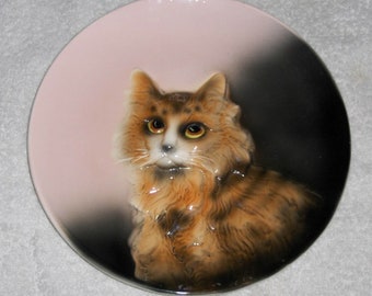 Vintage Tortoise Shell Cat Ceramic Dinner Plate Embossed Angora Cat Wall Hanger Dish