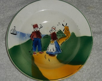 Czechoslovakia Art Pottery Ceramic Nautical Folk Art Bowl Man & Woman Vintage Sailboat Windmill