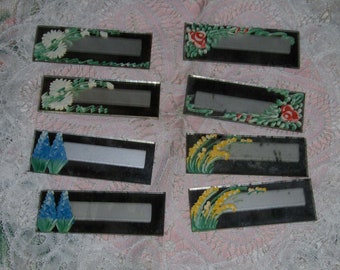 Vintage Glass Name Tags Waltham Premier Fenwick Box 8 Dinner Hand Painted Floral Glass Name Plates