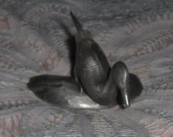 Vintage Creed Pewter Duck Figurine Miniature Metal Duck Bird Goose Perched At Beach On A Rock