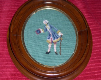 Vintage Needlepoint Victorian Gentleman Wood Framed Wall Hanging Cross Stitched Aqua Background