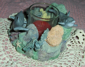 Vintage Dolphin Votive Candle Holder Nautical Resin Dolphins Tea Light Glass Holder