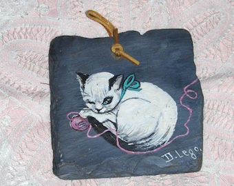 Vintage Hand Painted Kitty Cat Tile Slate White Cat & Yarn Wall Hanging Vintage Kitten Plaque Signed D Lego