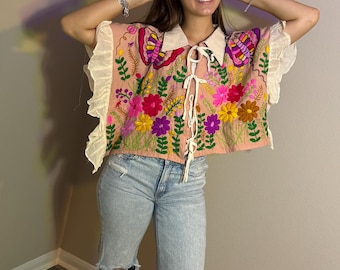 Hand Embroidered Linen Top: Summer Colors, Washed Lightweight Fabric