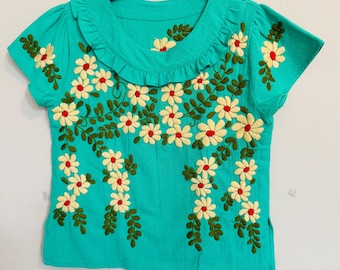 Hand Embroidered Linen Top: Washed Lightweight Fabric, Summer colors