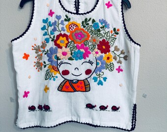 Hand Embroidered Linen Top: Washed Lightweight Fabric, Summer colors