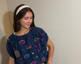 Hand Embroidered Washed Denim Top - FREE SIZE