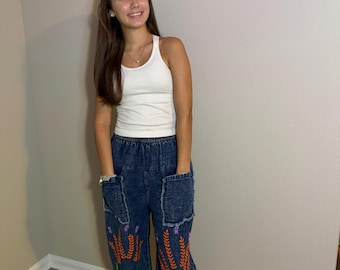 Hand-Embroidered Washed Denim Balloon Pants – Relaxed Everyday Style