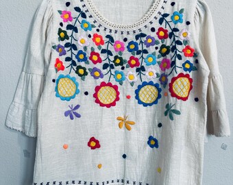 Hand Embroidered Linen Top: Washed Lightweight Fabric, Summer colors