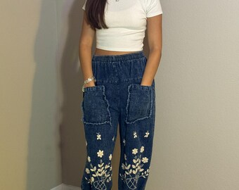 Hand-Embroidered Washed Denim Balloon Pants - Relaxed Everyday Style - FREE SIZE